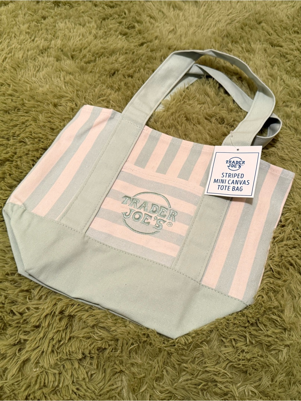 Trader Joe’s Green Striped Mini Canvas Tote Bag NWT